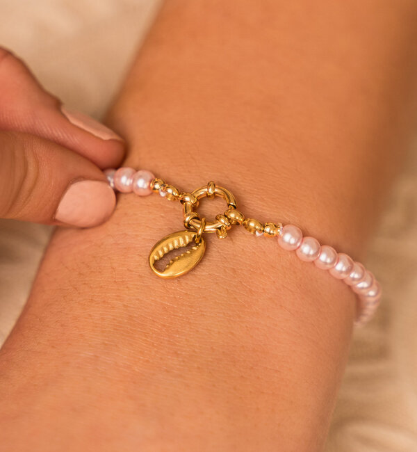 KAYA sieraden Pink Bracelet Glass Beads with Round Lock 'Nova Perola' - Create your own | Stainless Steel