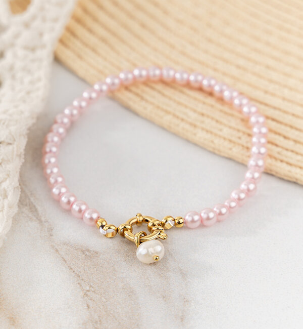 KAYA sieraden Pink Bracelet Glass Beads with Round Lock 'Nova Perola' - Create your own | Stainless Steel