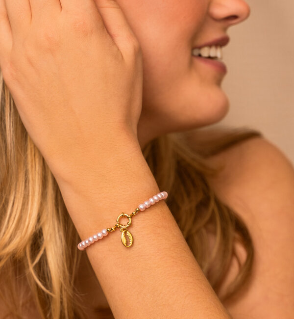 KAYA sieraden Pink Bracelet Glass Beads with Round Lock 'Nova Perola' - Create your own | Stainless Steel