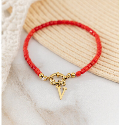 KAYA sieraden Red Coral Bracelet with Letter 'Nova Perola' | Stainless steel