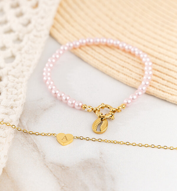 KAYA sieraden Pink Bracelets Set Glass Beads with Letter 'Nova Perola' | Stainless steel