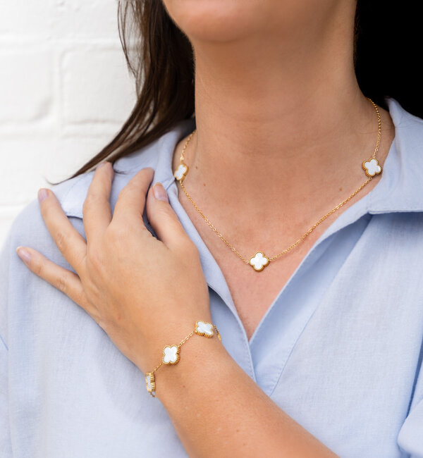 KAYA sieraden Bracelet and Earrings Set 'Clover' | Stainless Steel - White