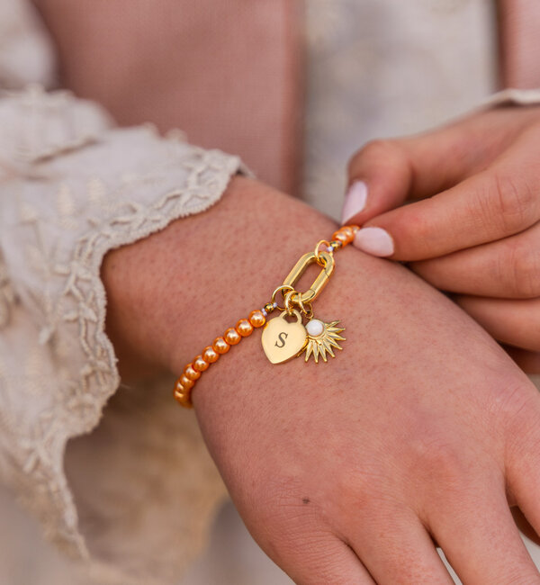 KAYA sieraden Orange Glass Pearl Bracelet with Oval Lock 'Festival Pearl' - Create your own | Stainless Steel