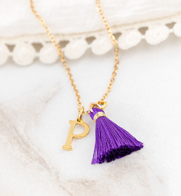 KAYA sieraden Necklace with Letter and Purple Tassel 'Festival Pearl' | Stainless steel