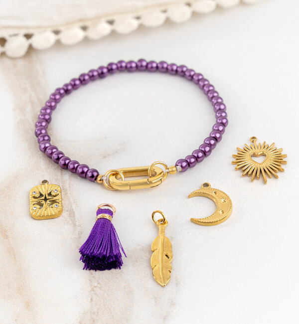 KAYA sieraden Purple Glass Pearl Bracelet with Oval Lock 'Festival Pearl' - Create your own | Stainless Steel