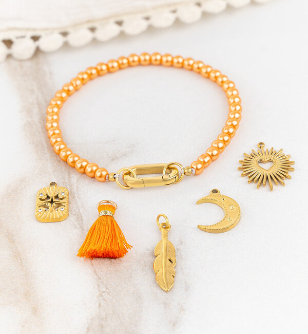 KAYA sieraden Orange Glass Pearl Bracelet with Oval Lock 'Festival Pearl' - Create your own | Stainless Steel