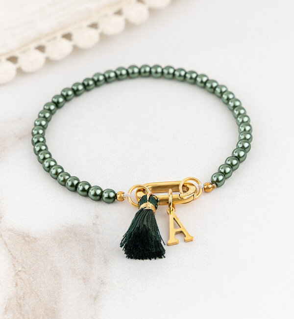 KAYA sieraden Green Glass Pearl Bracelet with Letter 'Festival Pearl' | Stainless Steel