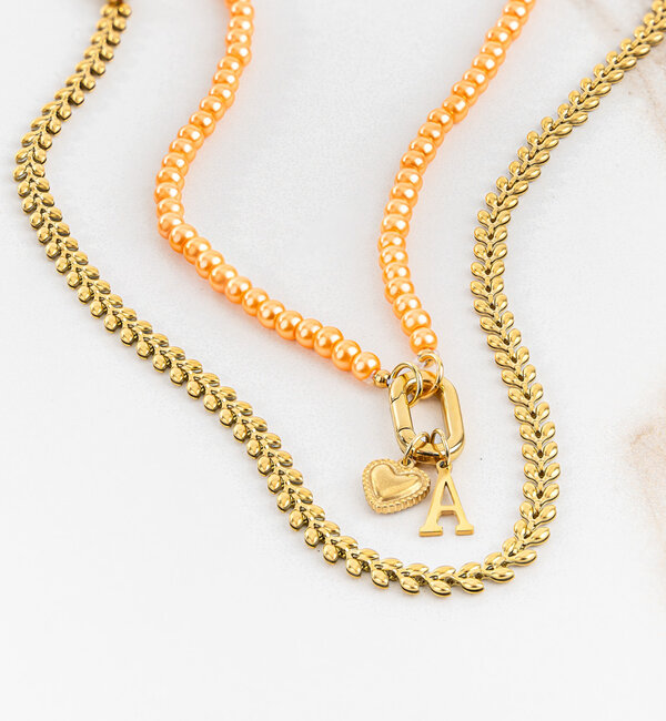 KAYA sieraden Oranje Glasparels Ketting  Set met Naam'Festival Pearl' | Stainless Steel