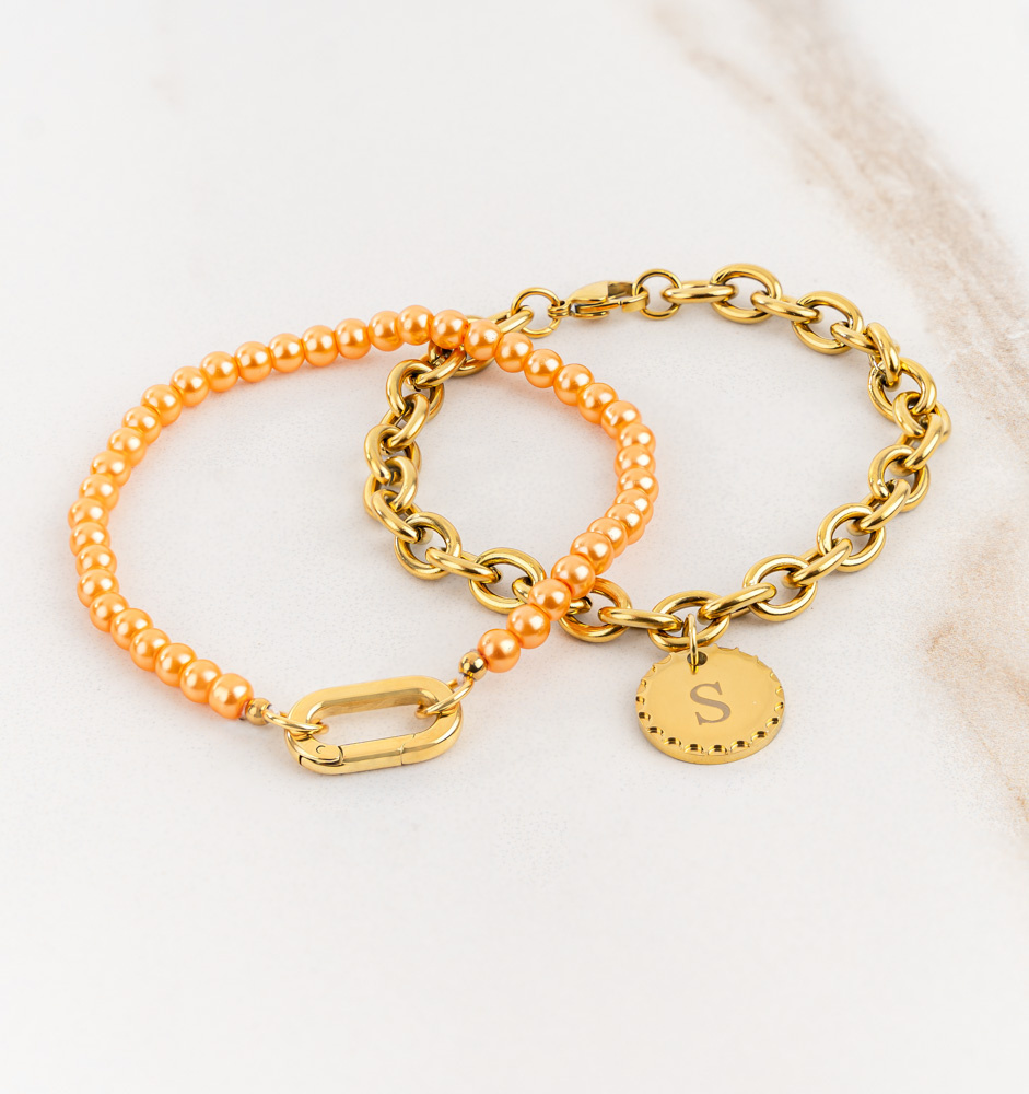 Orange Bracelets Glass Pearl Set 'Festival Pearl' | Stainless Steel