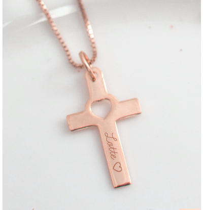 KAYA sieraden Ketting 'Cross' met Hartje - Rose Verguld