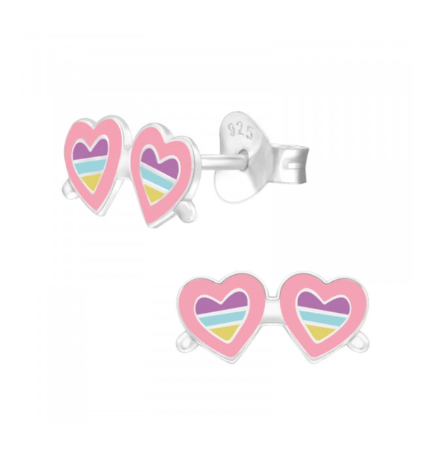 KAYA sieraden Silver Children's Earrings 'Heart Glasses Rainbow' Pink