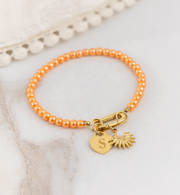 KAYA sieraden Orange Glass Pearl Bracelet with Oval Lock 'Festival Pearl' - Create your own | Stainless Steel