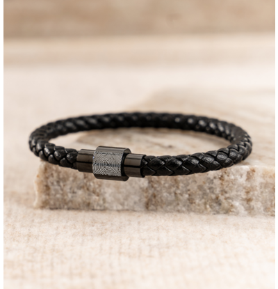 Gegraveerde sieraden Vingerafdruk Armband Heren - Zwart Leer