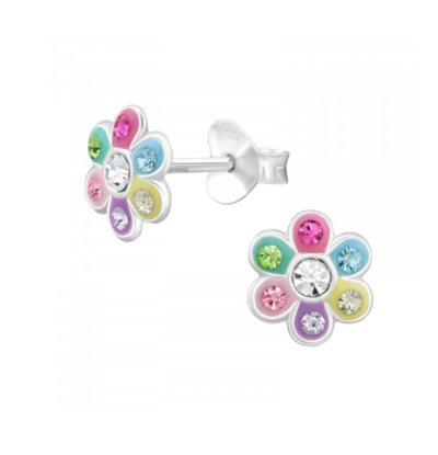 KAYA sieraden Silver children’s earrings ‘Rainbow Flower’ with crystals