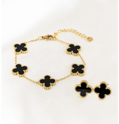 KAYA sieraden Bracelet and Earrings Set 'Clover' | Stainless Steel - Black