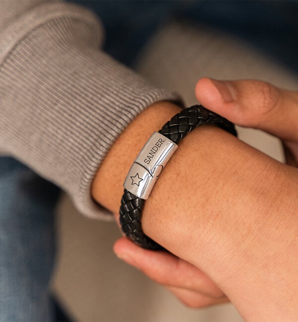 KAYA sieraden Heren Armband PU Leer met Gravure | Zwart