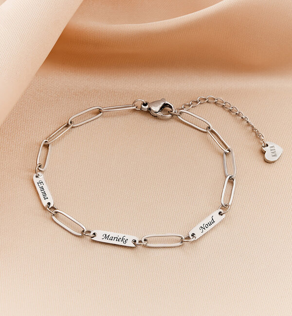 KAYA sieraden Gepersonaliseerde 3 Namen Armband 'Paperclip'
