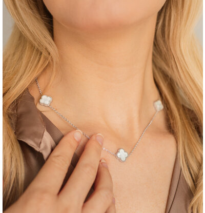 KAYA sieraden Witte Parelmoer Klaver Ketting | Stainless Steel