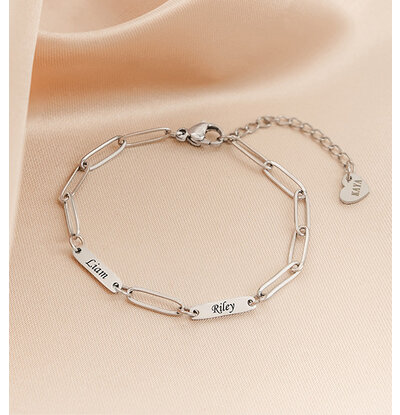 KAYA sieraden Namen Armband 2 Namen 'Paperclip' Kind - RVS