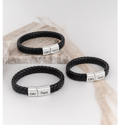 KAYA sieraden Set Leren Armbanden met Gravure Zwart