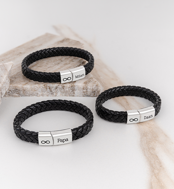 KAYA sieraden Set 3 Leren Armbanden met Gravure | Zwart