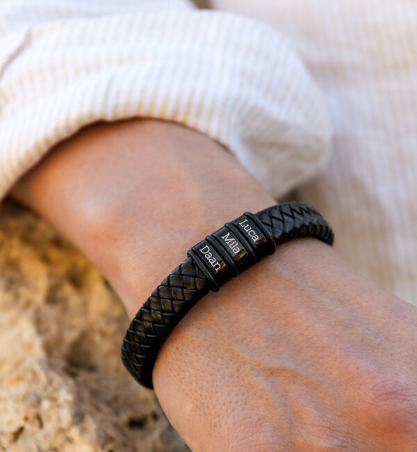 Sieraden Boys bracelet with name Leather ´Rock My World´ | Black