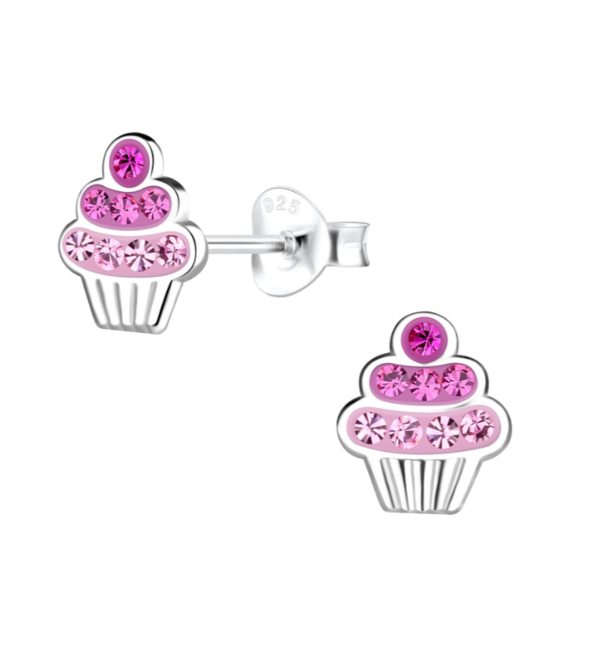 KAYA sieraden Silver children’s earrings ‘Pink Cupcake’ with crystals