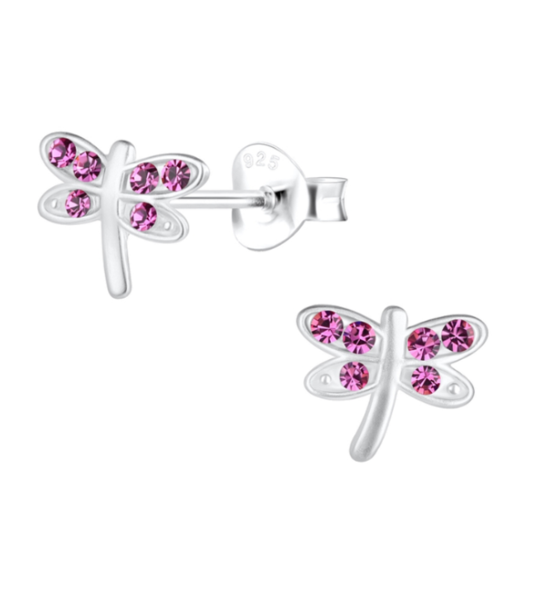 KAYA sieraden Silver children’s earrings ‘Dragonfly’ with Pink Crystals