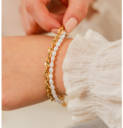 KAYA sieraden Double Bracelet with Links and Pearls | Stainless Steel