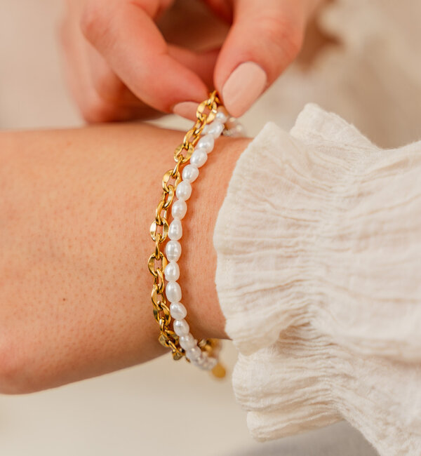 KAYA sieraden Double Bracelet with Links and Pearls | Stainless Steel
