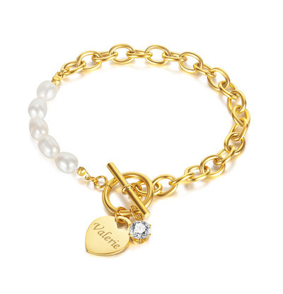 KAYA sieraden Schakelarmband met Parels I Graveerbaar