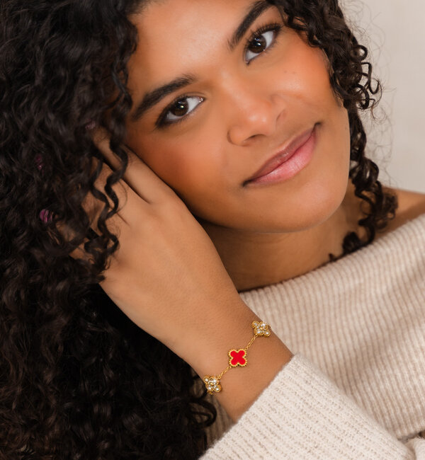 KAYA sieraden Bracelet Clover Red with Crystals | Stainless Steel