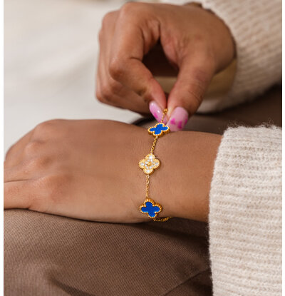 KAYA sieraden Armband Klaver Blauw met Kristallen