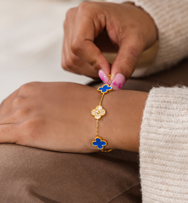 KAYA sieraden Bracelet Clover Blue with Crystals | Stainless Steel