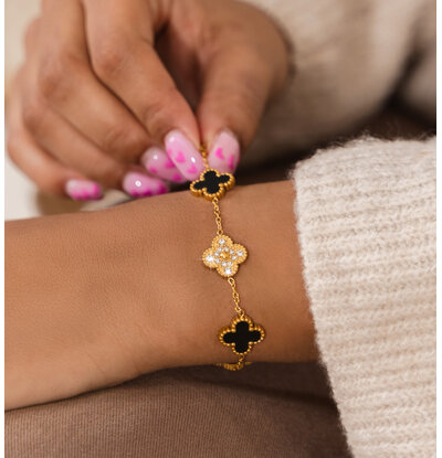 KAYA sieraden Bracelet Clover Black with Crystals | Stainless Steel