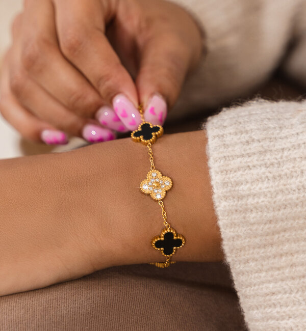 KAYA sieraden Bracelet Clover Black with Crystals | Stainless Steel
