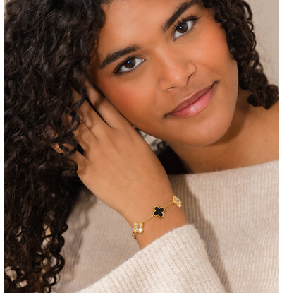 KAYA sieraden Armband Klaver Zwart met Kristallen