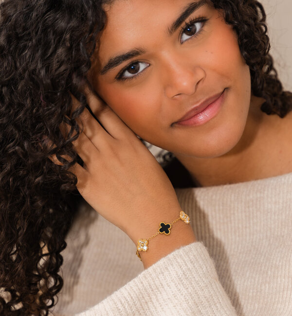 KAYA sieraden Bracelet Clover Black with Crystals | Stainless Steel