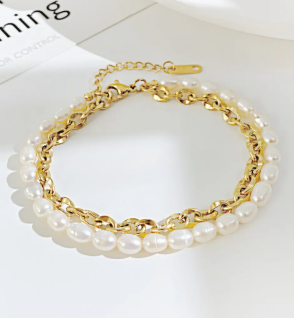 KAYA sieraden Double Bracelet with Links and Pearls | Stainless Steel