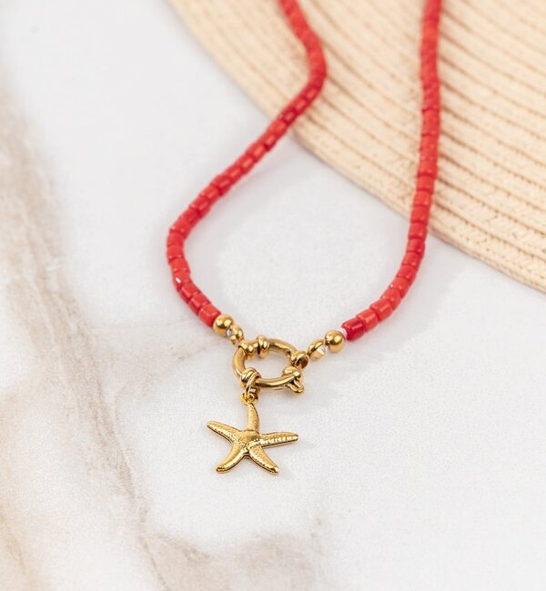 KAYA sieraden  Rode Ketting Koraal met Zeester | Stainless Steel