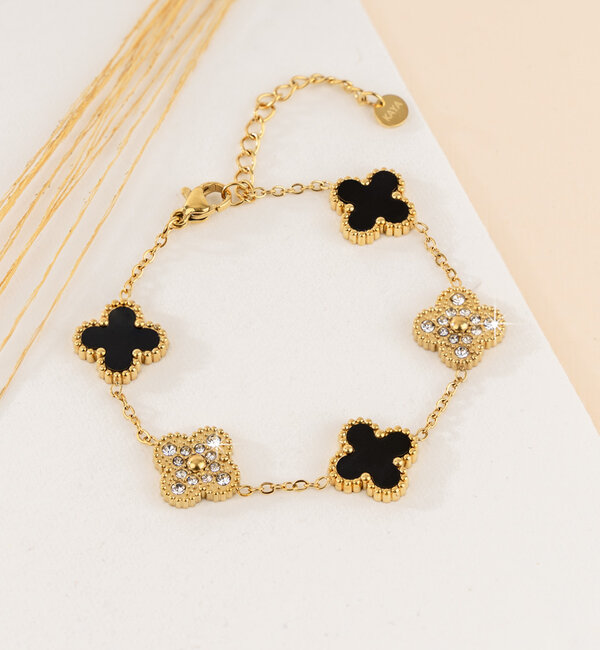 KAYA sieraden Bracelet Clover Black with Crystals | Stainless Steel