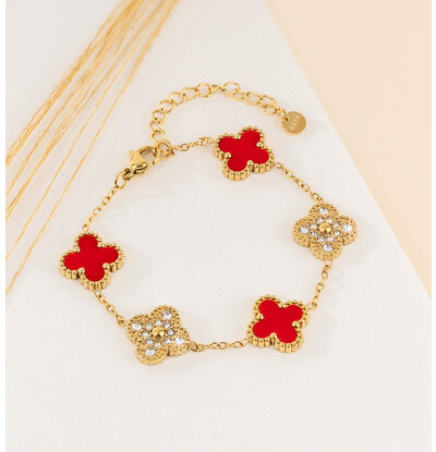 KAYA sieraden Armband Klaver Rood met Kristallen