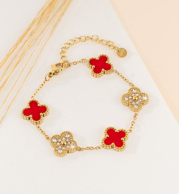 KAYA sieraden Bracelet Clover Red with Crystals | Stainless Steel