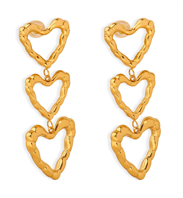 KAYA sieraden Statement drop earrings with open hearts | Stainless Steel Gold