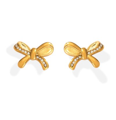 KAYA sieraden Minimalist bow stud earrings with crystals | Stainless Steel Gold