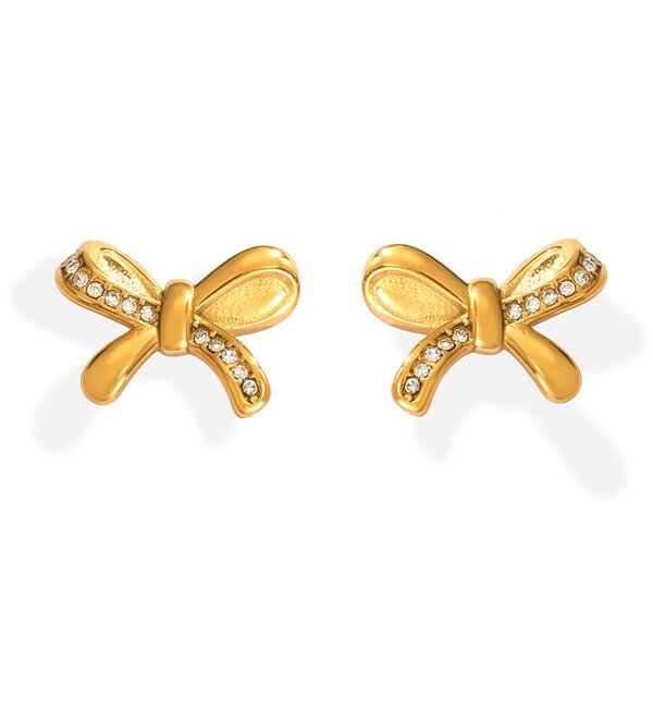 KAYA sieraden Minimalist bow stud earrings with crystals | Stainless Steel Gold