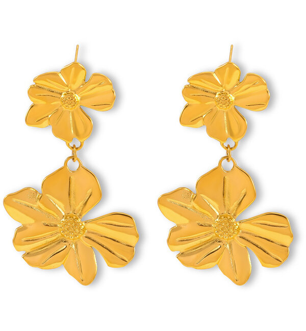KAYA sieraden Statement drop earrings with 2 flowers | Stainless Steel Gold