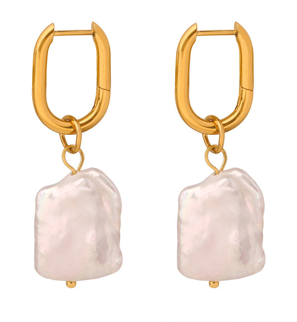 KAYA sieraden Statement hoop earrings with baroque pearls | Stainless Steel Gold