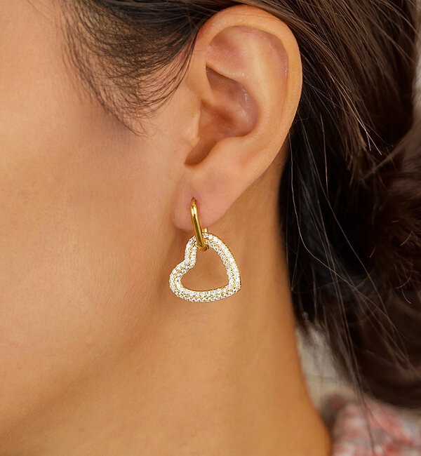 KAYA sieraden Statement hoop earrings with heart and crystals | Stainless Steel Gold