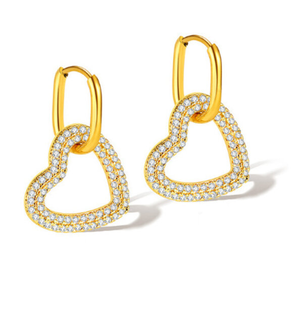 KAYA sieraden Statement hoop earrings with heart and crystals | Stainless Steel Gold